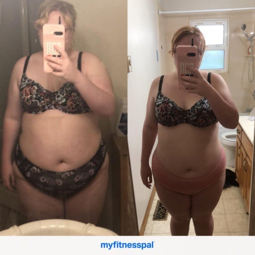 A progress pic of a 5'5" woman showing a fat loss from 252 pounds to 220 pounds. A net loss of 32 pounds.