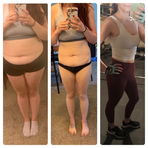 A before and after photo of a 5'4" female showing a weight reduction from 206 pounds to 130 pounds. A net loss of 76 pounds.