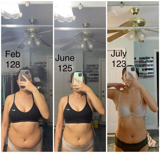A progress pic of a 5'4" woman showing a fat loss from 130 pounds to 123 pounds. A respectable loss of 7 pounds.