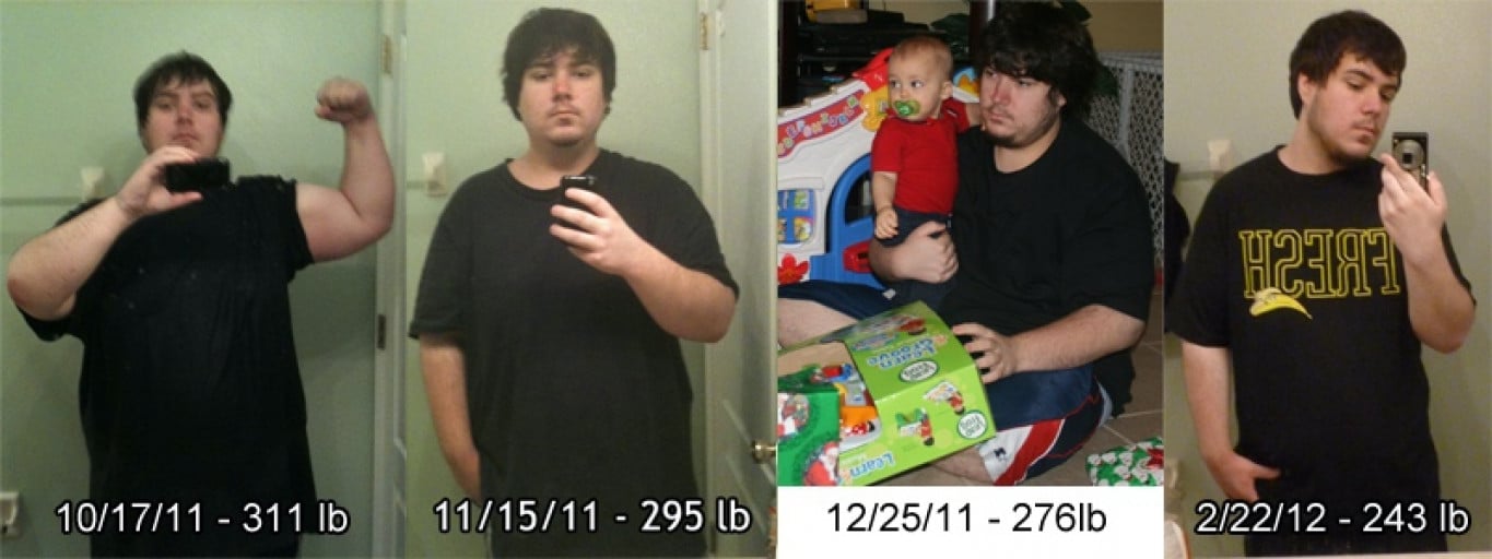A photo of a 5'10" man showing a weight reduction from 370 pounds to 220 pounds. A total loss of 150 pounds.