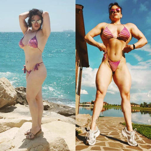 A before and after photo of a 5'7" female showing a weight reduction from 189 pounds to 174 pounds. A respectable loss of 15 pounds.