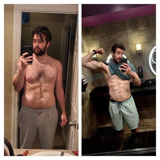 A progress pic of a 6'3" man showing a fat loss from 230 pounds to 180 pounds. A net loss of 50 pounds.