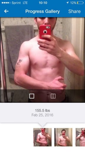 A photo of a 5'10" man showing a muscle gain from 138 pounds to 160 pounds. A net gain of 22 pounds.