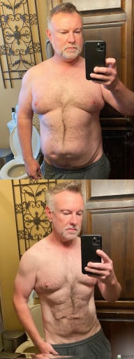 A before and after photo of a 5'10" male showing a weight reduction from 244 pounds to 177 pounds. A respectable loss of 67 pounds.