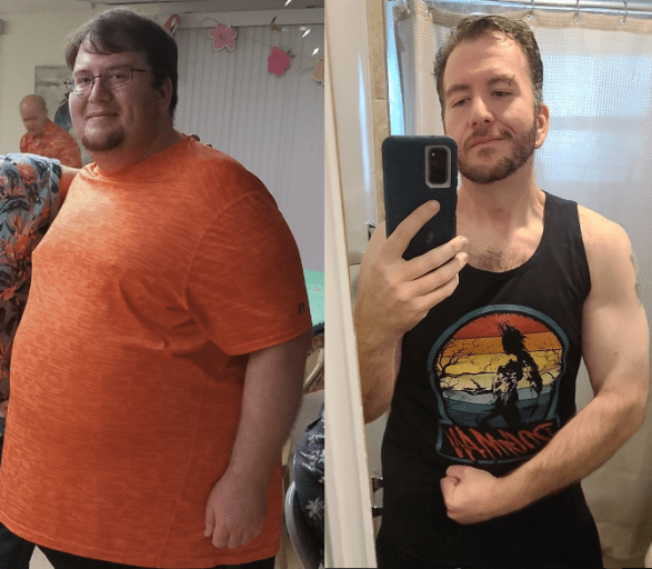A progress pic of a 5'11" man showing a fat loss from 372 pounds to 202 pounds. A respectable loss of 170 pounds.