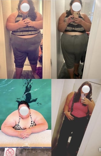 A picture of a 5'8" female showing a weight loss from 465 pounds to 375 pounds. A respectable loss of 90 pounds.
