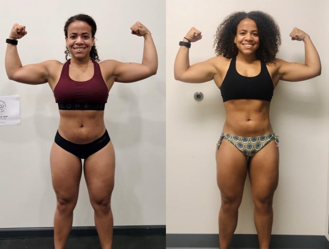 A before and after photo of a 4'11" female showing a weight reduction from 134 pounds to 132 pounds. A total loss of 2 pounds.