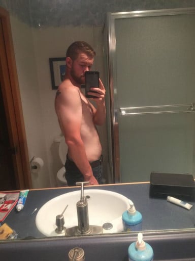 A progress pic of a 5'11" man showing a weight cut from 250 pounds to 177 pounds. A net loss of 73 pounds.