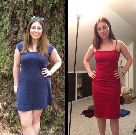 A progress pic of a 5'4" woman showing a fat loss from 164 pounds to 132 pounds. A respectable loss of 32 pounds.