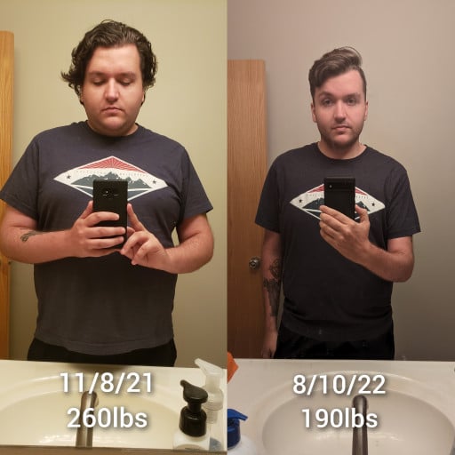 A progress pic of a 5'11" man showing a fat loss from 260 pounds to 190 pounds. A total loss of 70 pounds.