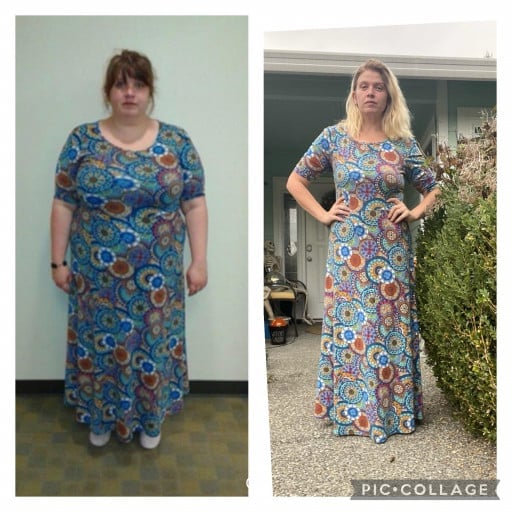 A before and after photo of a 5'7" female showing a weight reduction from 298 pounds to 164 pounds. A total loss of 134 pounds.