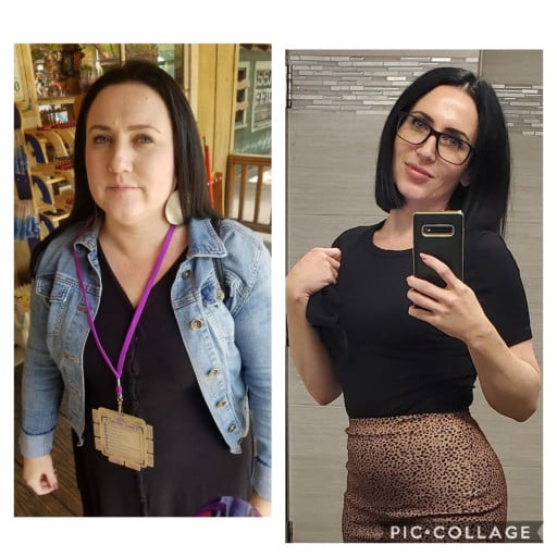 A before and after photo of a 4'10" female showing a weight reduction from 208 pounds to 120 pounds. A respectable loss of 88 pounds.
