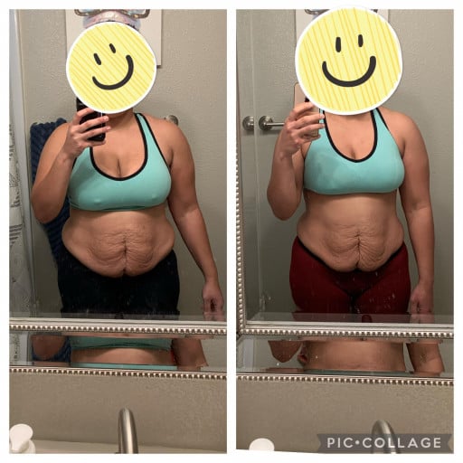 A before and after photo of a 5'5" female showing a weight reduction from 190 pounds to 182 pounds. A respectable loss of 8 pounds.