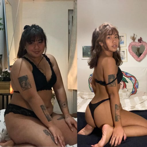 A before and after photo of a 5'2" female showing a weight reduction from 187 pounds to 110 pounds. A total loss of 77 pounds.