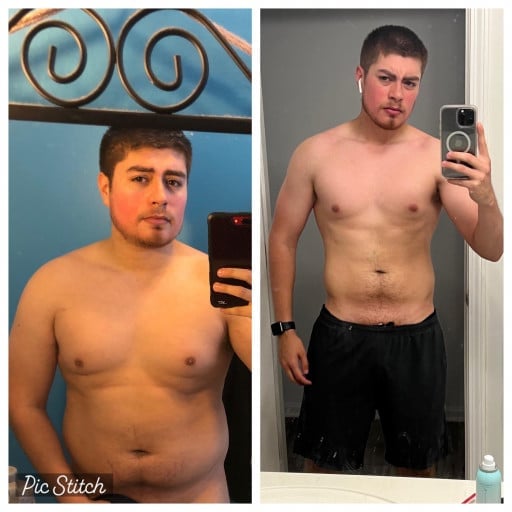 A picture of a 5'11" male showing a weight loss from 217 pounds to 166 pounds. A net loss of 51 pounds.