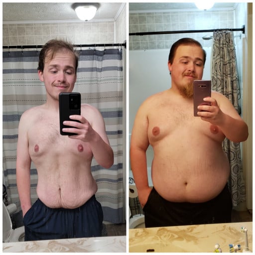 A progress pic of a 5'8" man showing a fat loss from 313 pounds to 175 pounds. A net loss of 138 pounds.