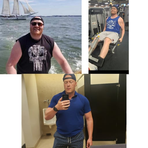 A progress pic of a 6'2" man showing a fat loss from 310 pounds to 235 pounds. A total loss of 75 pounds.