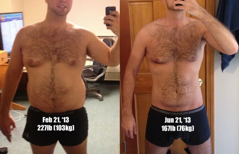 A picture of a 5'10" male showing a weight loss from 227 pounds to 167 pounds. A net loss of 60 pounds.