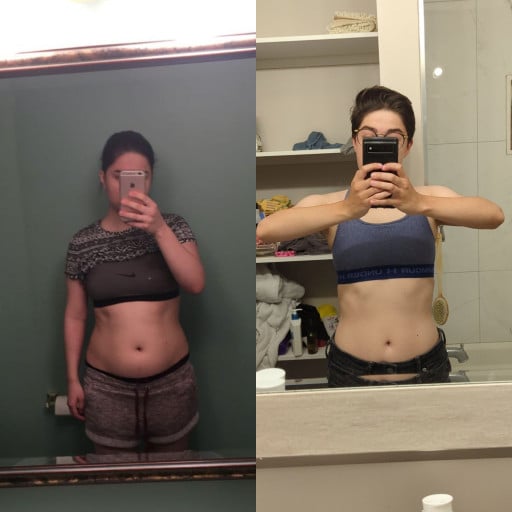 A before and after photo of a 5'4" female showing a weight reduction from 146 pounds to 116 pounds. A net loss of 30 pounds.