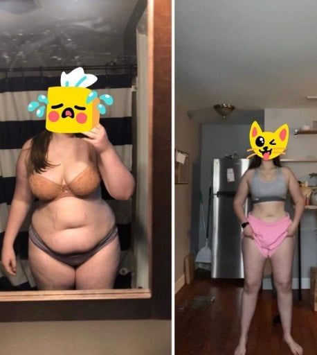 A before and after photo of a 5'10" female showing a weight reduction from 251 pounds to 205 pounds. A respectable loss of 46 pounds.