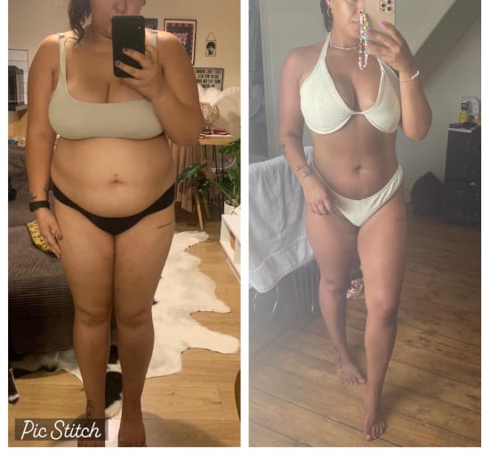 A before and after photo of a 5'1" female showing a weight reduction from 184 pounds to 143 pounds. A respectable loss of 41 pounds.
