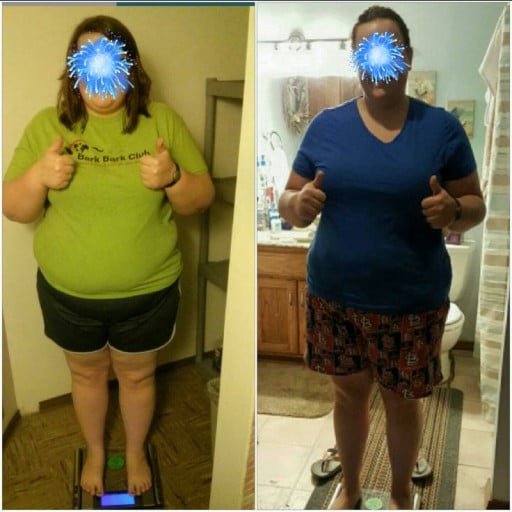 A picture of a 5'9" female showing a weight loss from 304 pounds to 263 pounds. A net loss of 41 pounds.