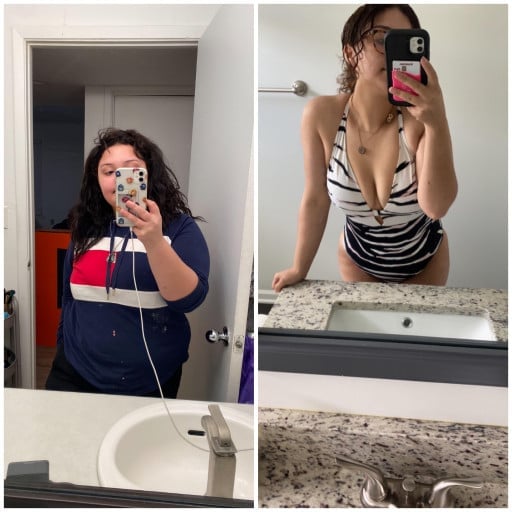 A progress pic of a 5'1" woman showing a fat loss from 240 pounds to 167 pounds. A total loss of 73 pounds.