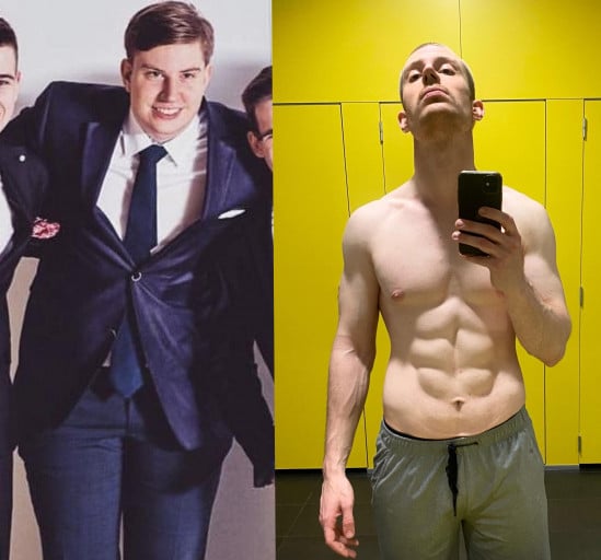 A progress pic of a 6'4" man showing a fat loss from 273 pounds to 198 pounds. A total loss of 75 pounds.