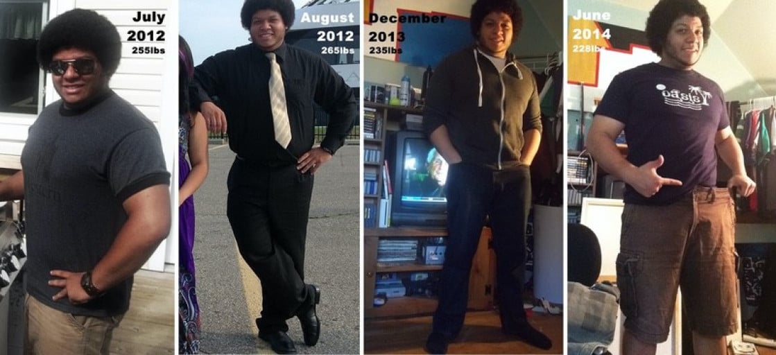 A before and after photo of a 5'10" male showing a weight reduction from 265 pounds to 228 pounds. A net loss of 37 pounds.