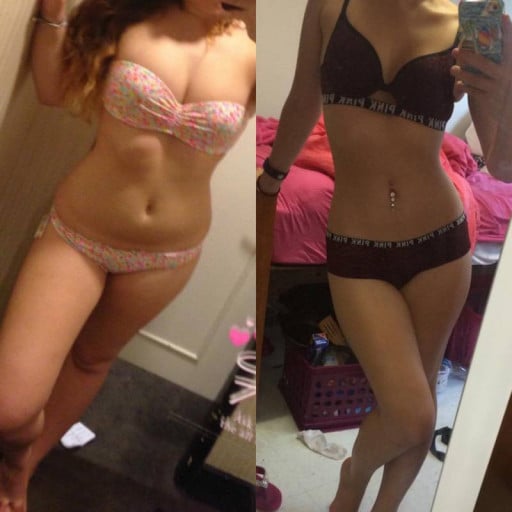 A before and after photo of a 5'5" female showing a weight reduction from 154 pounds to 128 pounds. A total loss of 26 pounds.