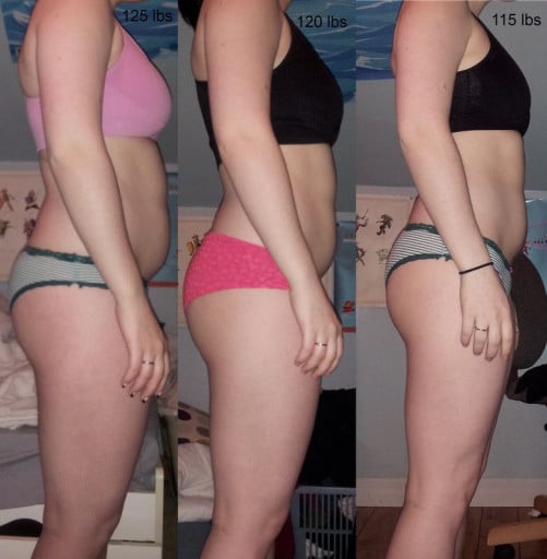 A before and after photo of a 5'0" female showing a weight reduction from 125 pounds to 115 pounds. A net loss of 10 pounds.