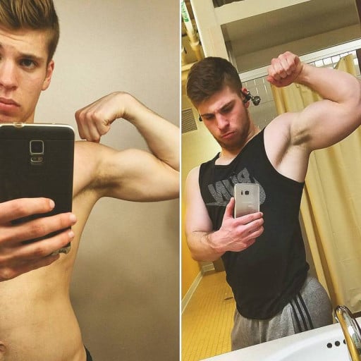 A progress pic of a 5'10" man showing a muscle gain from 140 pounds to 180 pounds. A total gain of 40 pounds.