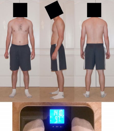A before and after photo of a 5'7" male showing a snapshot of 141 pounds at a height of 5'7