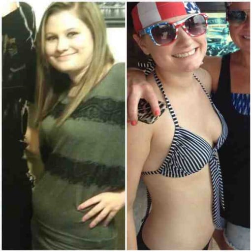 A picture of a 5'2" female showing a weight loss from 135 pounds to 115 pounds. A total loss of 20 pounds.