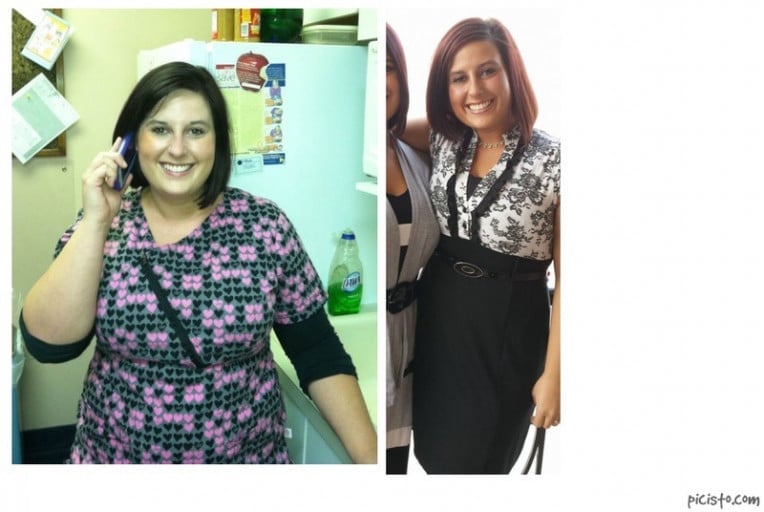 A progress pic of a 5'1" woman showing a fat loss from 209 pounds to 160 pounds. A total loss of 49 pounds.