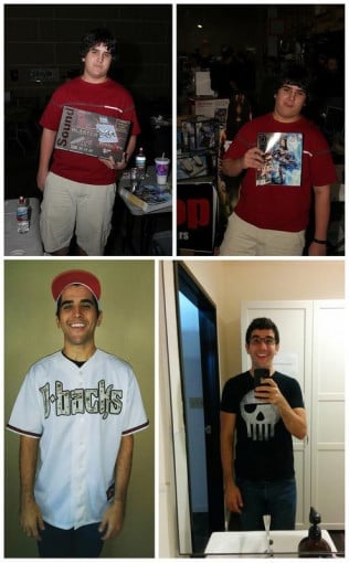 A picture of a 5'11" male showing a weight loss from 240 pounds to 175 pounds. A net loss of 65 pounds.