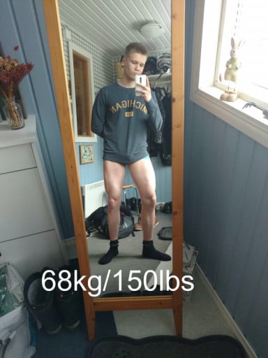 A before and after photo of a 5'9" male showing a weight bulk from 120 pounds to 150 pounds. A total gain of 30 pounds.