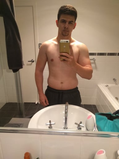 A progress pic of a 5'9" man showing a fat loss from 187 pounds to 180 pounds. A respectable loss of 7 pounds.