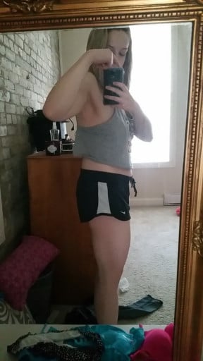 A picture of a 5'6" female showing a weight cut from 239 pounds to 151 pounds. A respectable loss of 88 pounds.
