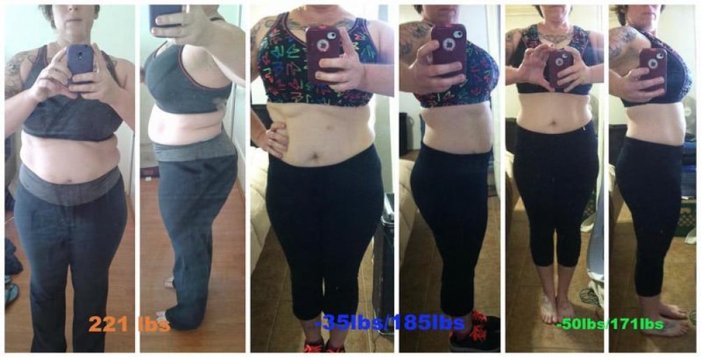 A photo of a 5'3" woman showing a weight cut from 221 pounds to 185 pounds. A respectable loss of 36 pounds.