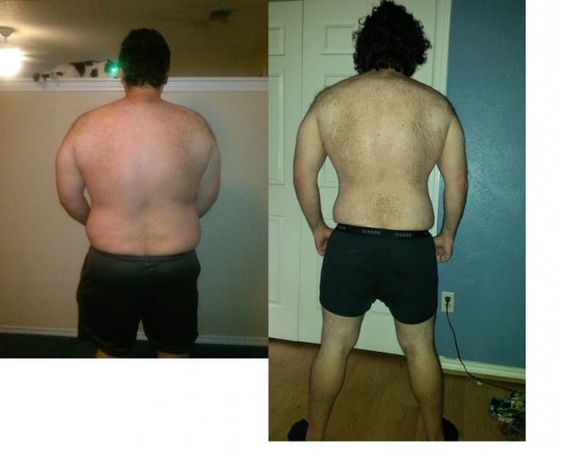 A progress pic of a 5'9" man showing a weight cut from 282 pounds to 220 pounds. A net loss of 62 pounds.