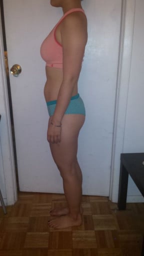 A before and after photo of a 5'3" female showing a snapshot of 129 pounds at a height of 5'3