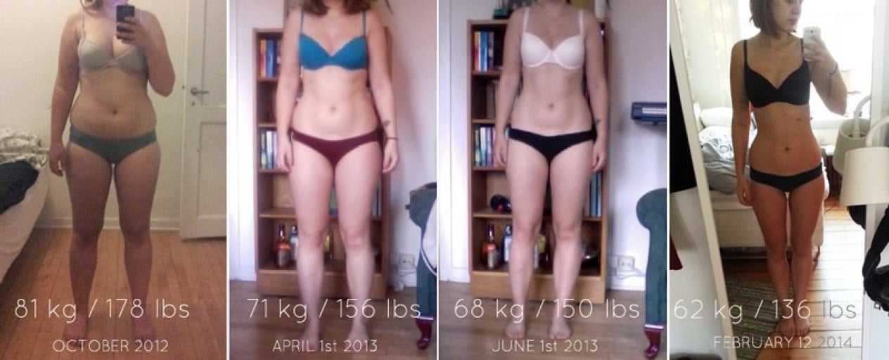 A photo of a 5'6" woman showing a fat loss from 178 pounds to 136 pounds. A total loss of 42 pounds.