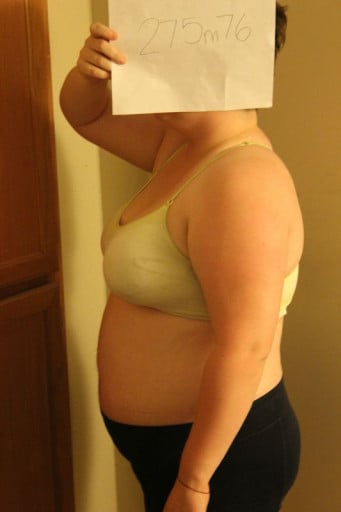 A progress pic of a 5'3" woman showing a snapshot of 225 pounds at a height of 5'3