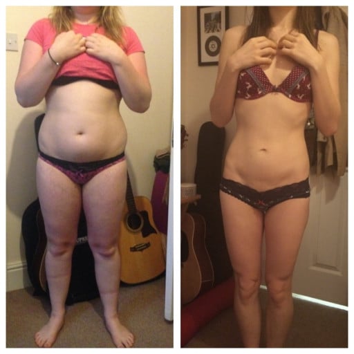 A before and after photo of a 5'3" female showing a fat loss from 170 pounds to 108 pounds. A respectable loss of 62 pounds.