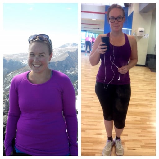 A progress pic of a 5'5" woman showing a fat loss from 175 pounds to 165 pounds. A total loss of 10 pounds.