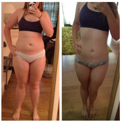 A picture of a 5'4" female showing a fat loss from 160 pounds to 131 pounds. A net loss of 29 pounds.