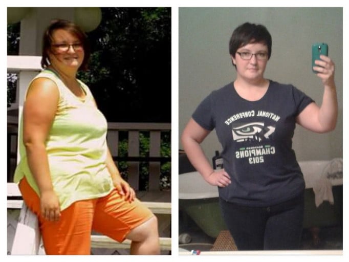 A progress pic of a 5'3" woman showing a weight reduction from 218 pounds to 205 pounds. A net loss of 13 pounds.