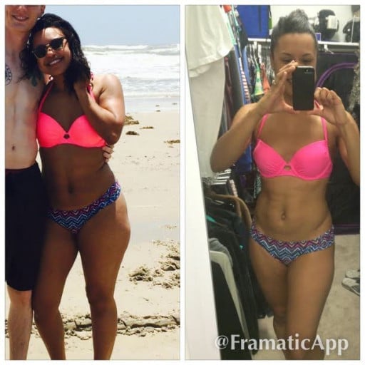 A before and after photo of a 5'5" female showing a weight reduction from 149 pounds to 135 pounds. A total loss of 14 pounds.
