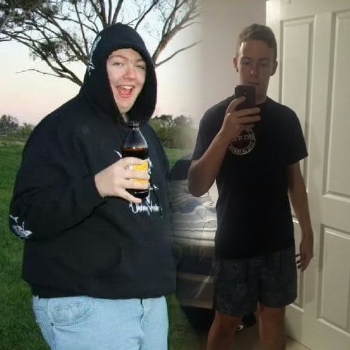 A before and after photo of a 6'1" male showing a weight loss from 295 pounds to 174 pounds. A respectable loss of 121 pounds.